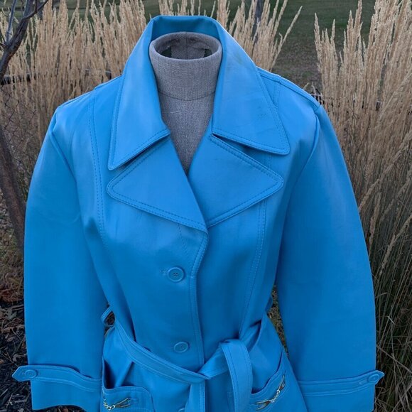 Vintage 60s 70s Faux Leather Trench Coat Belted Light Blue Overcoat - Picture 2 of 14